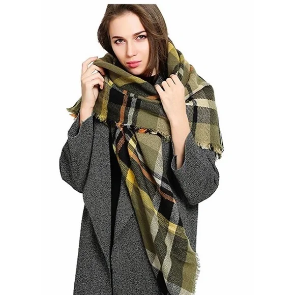 Oversized Green Plaid Blanket Scarf - Picture 2 of 10